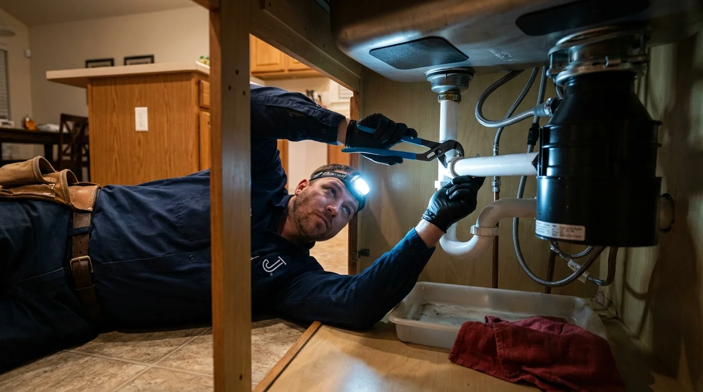 P-trap and supply line connections under a kitchen sink showing a common leak point in Orland, CA